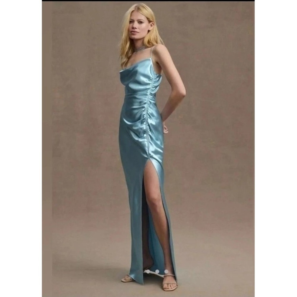 NWT Sachin & Babi Jennings Ruched Hammered Satin Side-Slit Gown Blue Dress Sz 6
